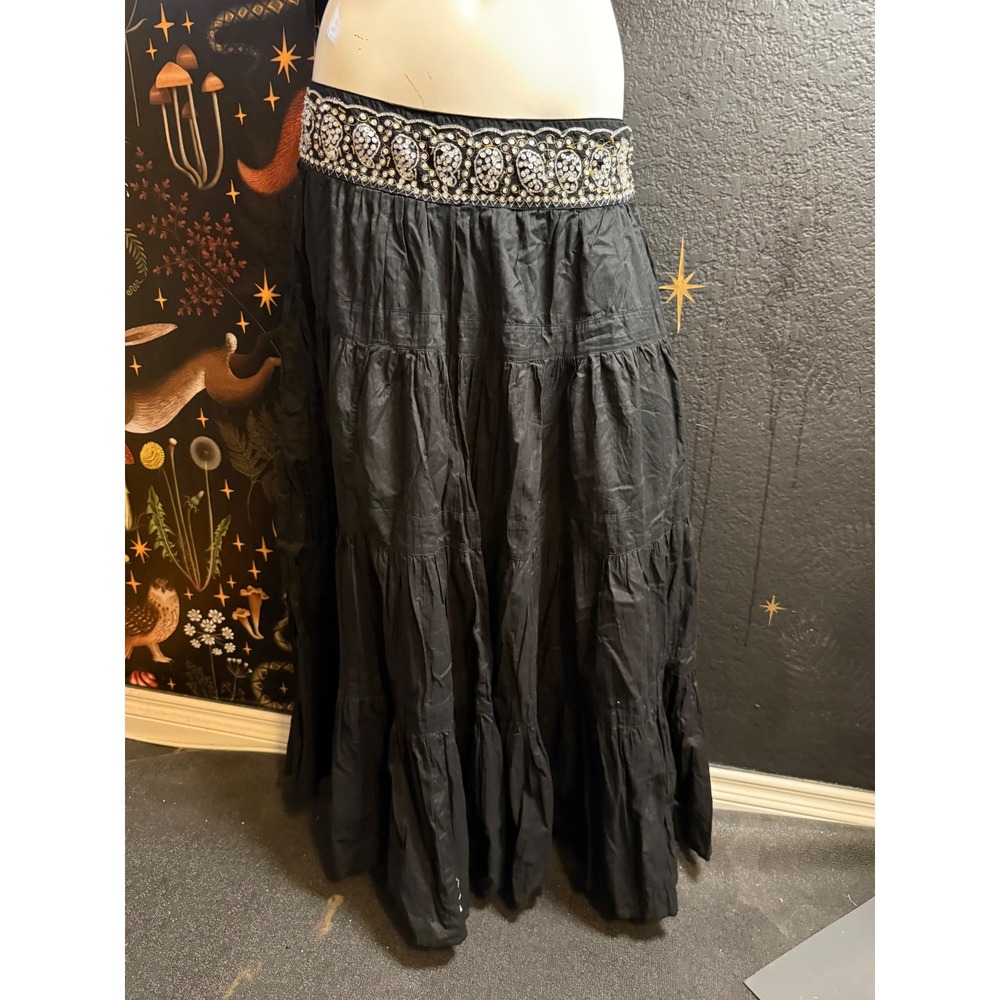 BCBGMAXAZRIA Black Tiered Maxi Skirt Embellished Waist Boho Cotton Size M